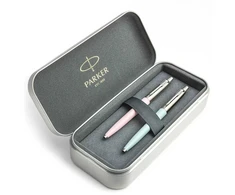 Parker Jotter Originals Rožinė ir Pastel Mėlyna Tušinukų dovanų rinkinys su metaliniu dėklu