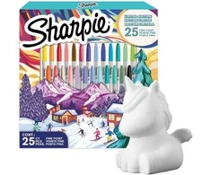 Sharpie smulkūs mišrių spalvų permanentiniai žymekliai 25 vnt. SPECIALUS ŠVENTINIS EDICIONAS 2025 + Pinigų dėžutė Vienaragis