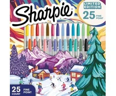 Sharpie smulkūs mišrių spalvų permanentiniai žymekliai 25 vnt. SPECIALUS ŠVENTINIS EDICIONAS 2025 + Pinigų dėžutė Vienaragis