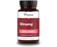 VITAVEA Tonifiant ženšenis ir vitaminai organizmo tonusui, 45 augalinės kilmės kapsulės