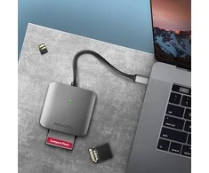 Axagon aliuminio didelės spartos USB-C 3.2 Gen 1 atminties kortelių skaitytuvas. 3 lizdai, UHS-II.