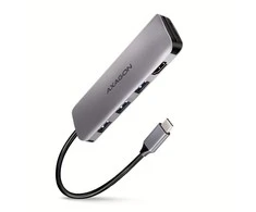 Axagon kelių prievadų USB 3.2 Gen 1 šakotuvas. HDMI, kortelių skaitytuvas ir trys USB-A išėjimai. USB-C laidas 20 cm.