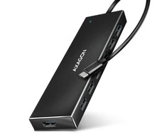 „Axagon“ septynių prievadų USB 3.2 Gen 1 šakotuvas su įkrovimo palaikymu. Jungtis išoriniam maitinimo šaltiniui. USB-C laidas 30 cm.