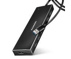 „Axagon“ septynių prievadų USB 3.2 Gen 1 šakotuvas su įkrovimo palaikymu. Jungtis išoriniam maitinimo šaltiniui. USB-A laidas 1 m.