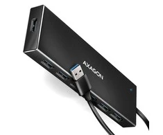 „Axagon“ septynių prievadų USB 3.2 Gen 1 šakotuvas su įkrovimo palaikymu. Jungtis išoriniam maitinimo šaltiniui. USB-A laidas 1 m.