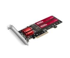 Axagon PCEM2-ND PCIE 2X NVME M.2 CONTROLLERPCI-Express x8 vidinis valdiklis, skirtas dviejų NVMe M.2 SSD diskų prijungimui prie kompiuterio. Palaiko pagrindines plokštes be PCIe Bifurcation.