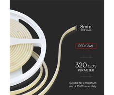V-tac 10W/m LED COB juosta, 320LED/m, 24V, raudona šviesos sp., IP67, 5 metrų ritė