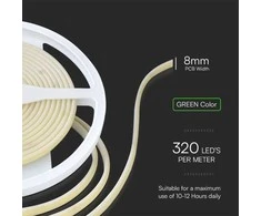 V-tac 10W/m LED COB juosta, 320LED/m, 24V, žalia šviesos sp., IP67, 5 metrų ritė