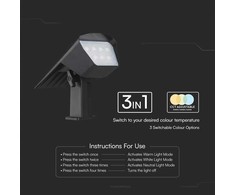 Sieninis šviestuvas V-tac 1,3W LED įsmeigiamas/sieninis lauko šviestuvas, juodas, 3000/4000/6400K, su saulės baterija