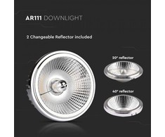 V-tac 20W LED lemputė, AR111, 6400K, keičiamas reflektorius 40°/20°