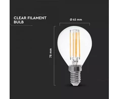 6W LED lemputė V-TAC, E14, P45, 2700K, filamentinė, 100lm/W, skaidriu stiklu