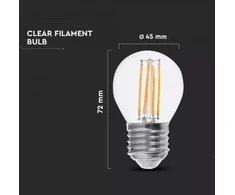6W LED lemputė V-TAC, E27, G45, 2700K, filamentinė, 130lm/W, skaidriu stiklu