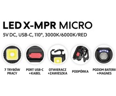 7,4W LED įkraunamas žibintuvėlis X-MPR, juodas, 3000/6000K