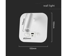 V-tac 8W LED sieninis šviestuvas, baltas, 3000K, su USB/PD jungtimi, CREE LED chip