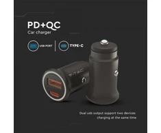 Auto įkroviklis, 12/24V, USB + USB-C, PD+QC, juodas