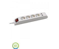 Ilgintuvas 4-vietis V-TAC, 2 usb jungtys, baltos spalvos, šviečiantis įjungimo mygtukas