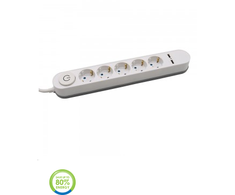 Ilgintuvas 5-vietis V-TAC, 2 usb jungtys, baltos spalvos, šviečiantis įjungimo mygtukas