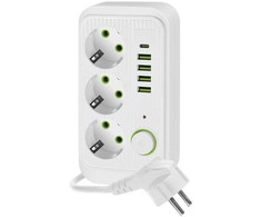 Ilgintuvas LINEA PRO, 3 kištukinių lizdų, 4xUSB-A, 1xUSB-C, su jungikliu, baltas, 1,5m