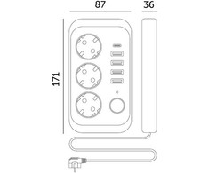 Ilgintuvas LINEA PRO, 3 kištukinių lizdų, 4xUSB-A, 1xUSB-C, su jungikliu, baltas, 5m