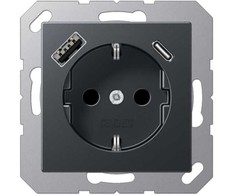 Kištukinis lizdas su A ir C tipo USB jungtimis, padidinta kontaktų apsauga, matinės antracito sp.