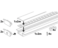 LED įleidžiamas profilis P02, baltas, 2m, su dangteliu ir užbaigimais
