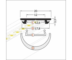 LED juostos profilis ARC12, anoduoto aliuminio sp., 2m, su dangteliu, užbaigimais ir tvirtinimo elementais