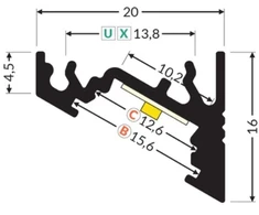 LED juostos profilis CORNER10 BC/UX, neanoduotas aliuminis, 1m
