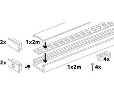 LED paviršinis profilis P01, baltas, 2m, su dangteliu ir užbaigimais