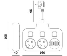Šakotuvas LINEA FL, 2 kištukinių lizdų, 3xUSB-A, 1xUSB-C, su 3 jungikliais, baltas