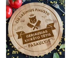 Apvali bambukinė pjaustymo lentelė "Čia lašinius pjausto geriausias krikšto tėtis"