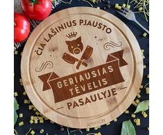Apvali bambukinė pjaustymo lentelė "Čia lašinius pjausto geriausias tėvelis"