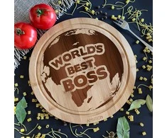 Apvali bambukinė pjaustymo lentelė "World's best boss"
