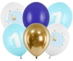 PartyDeco Balionai "One Year", pastelinė žydra (6vnt)