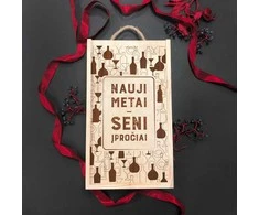 Medinė 2 butelių dėžė "Nauji metai - seni įpročiai"