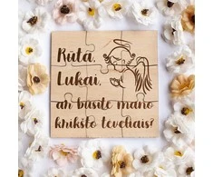 Medinis puodelio padėkliukas - dėlionė "Ar sutinkate būti mano krikštatėviais?" su Jūsų pasirinktais vardais