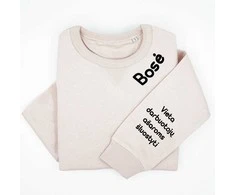 UNISEX pastelinis "Sully" džemperis "Bosė - darbuotojų ašaroms" su spauda ant rankovės
