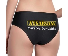 Moteriški apatiniai su spauda nugaroje "Atsargiai, karštos bandelės"