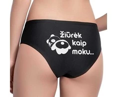 Moteriški apatiniai su spauda nugaroje "Žiūrėk kaip moku"