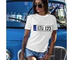 Moteriški marškinėliai "Automobilio numeris" su Jūsų pasirinktu valstybiniu numeriu