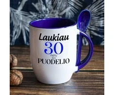 Puodelis su šaukšteliu "Ilgai laukiau šio puodelio" su pasirinktais metais