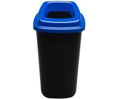 28L juoda plastikinė šiukšlių dėžė su mėlynu atviru dangčiu