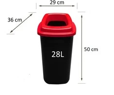 28L juoda plastikinė šiukšlių dėžė su raudonu atviru dangčiu