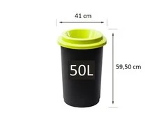 50L juoda plastikinė šiukšlių dėžė su žaliu atviru dangčiu