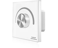 Šviesos intensyvumo reguliatorius su stiklo apdaila, baltas, valdymas TRIAC + RF 2.4GHz, 1 kanalo išėjimas.