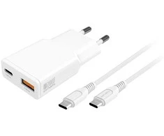 Laidinis įkroviklis 4smarts PDPlug Slim Duos 20W GaN USB-C+USB-A + USB-C kabelis 1.5m baltos spalvos