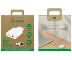 Sieninis įkroviklis 4smarts PDPlug Slim dvigubas 65W GaN 2xUSB-C baltos spalvos