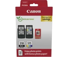 „Canon“ rašalo kasetė + fotopopierius vertės paketas | PG-510/CL-511 | Rašalo kasetė/popieriaus rinkinys | Spalva (žydra, rausvai raudona, geltona)