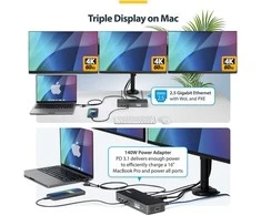 Stacja/replikator StarTech USB-C Doko stotelė dla trzech monitorów 140W Stacja ładująca dla MacBook Pro i Windows 4K 60Hz HDMI lub DisplayPort