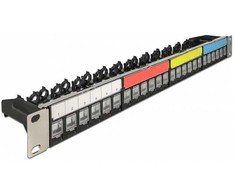 Delock 19? Keystone Patchpanel 24 Port mit Kabelbefestigungsschiene, Beschriftungsfeld und Staubschutz 1 HE juodas