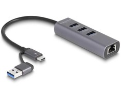 DeLOCK 3 prievadų USB 5 Gbps šakotuvas + Gigabit LAN su USB Type-C, prijungimo stotis (pilka)